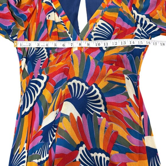 Farm Rio Dress Rainbow Toucan Maxi Puff-Sleeves Abstract-Print Womens Size S - Picture 8 of 10